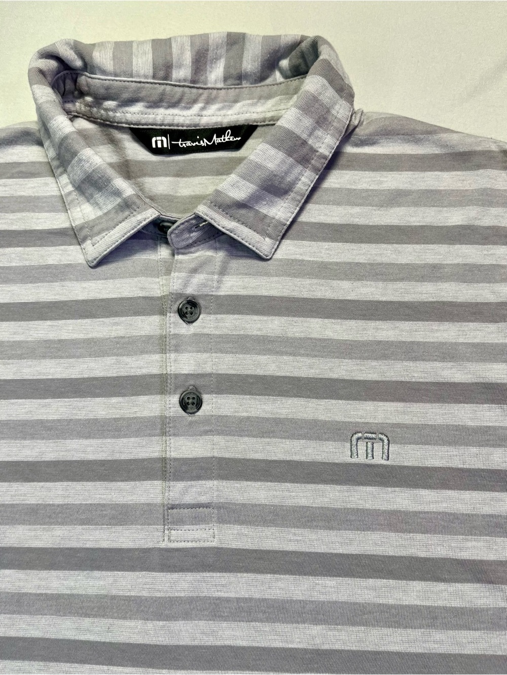 Travis Mathew Light Gray and Charcoal Striped Polo Goof Shirt - S